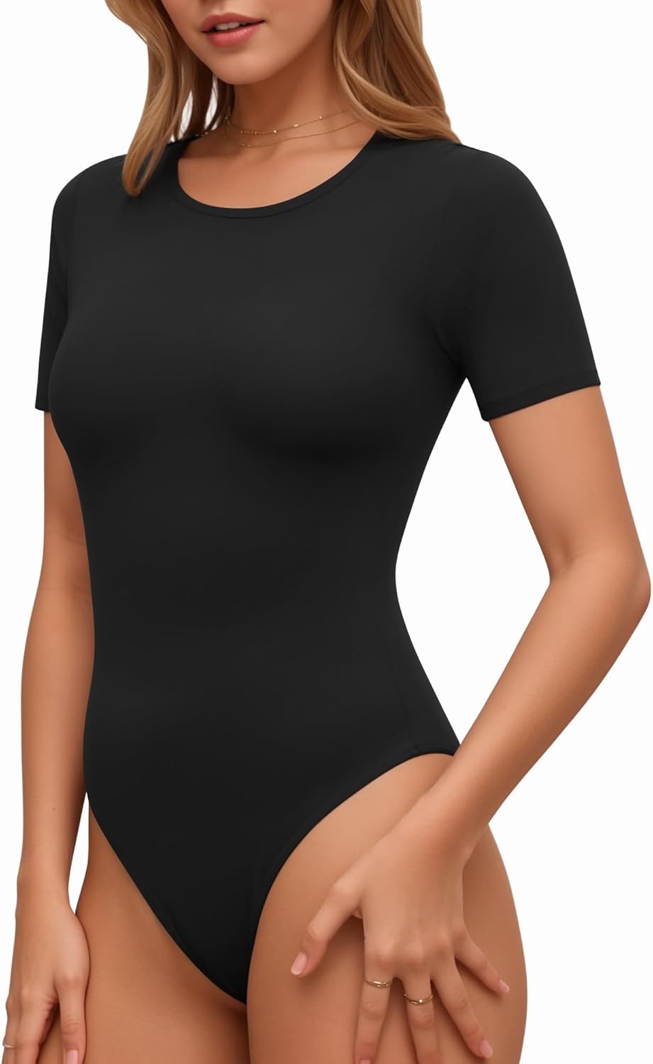 Lotofun Short Sleeve Round Neck Bodysuits For Women Basic Slim Fit Body Suit Shirts Tops