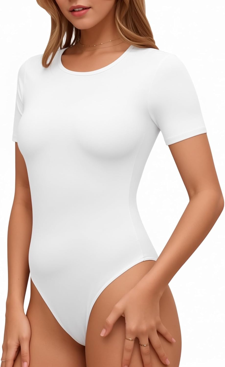 Lotofun Short Sleeve Round Neck Bodysuits For Women Basic Slim Fit Body Suit Shirts Tops