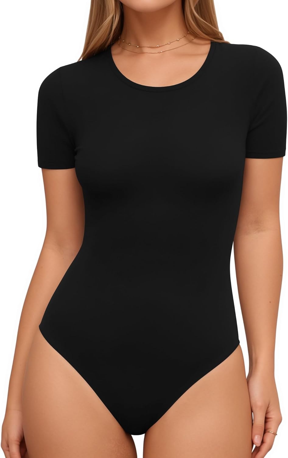 Lotofun Short Sleeve Round Neck Bodysuits For Women Basic Slim Fit Body Suit Shirts Tops