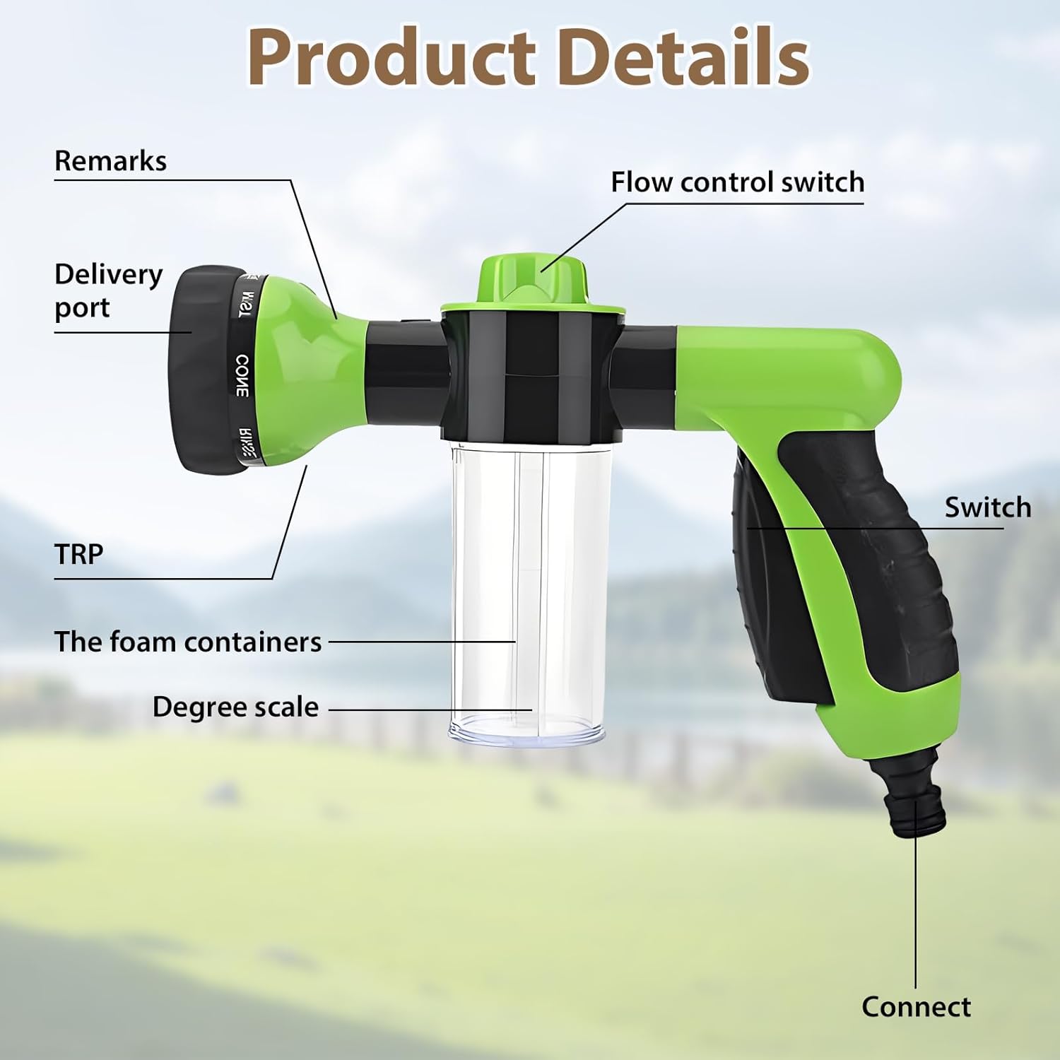 Garden Hose Foam Sprayer, 8 Patterns High Pressure Nozzles Watering Sprayer Soap Dispenser with Soap Reservoir for Car Washing Pets Shower Plants Watering