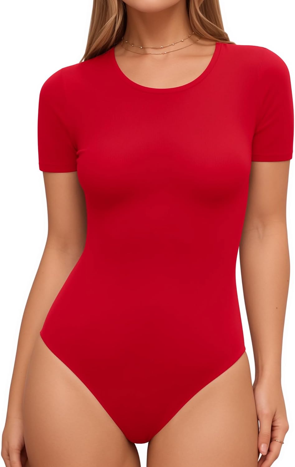 Lotofun Short Sleeve Round Neck Bodysuits For Women Basic Slim Fit Body Suit Shirts Tops