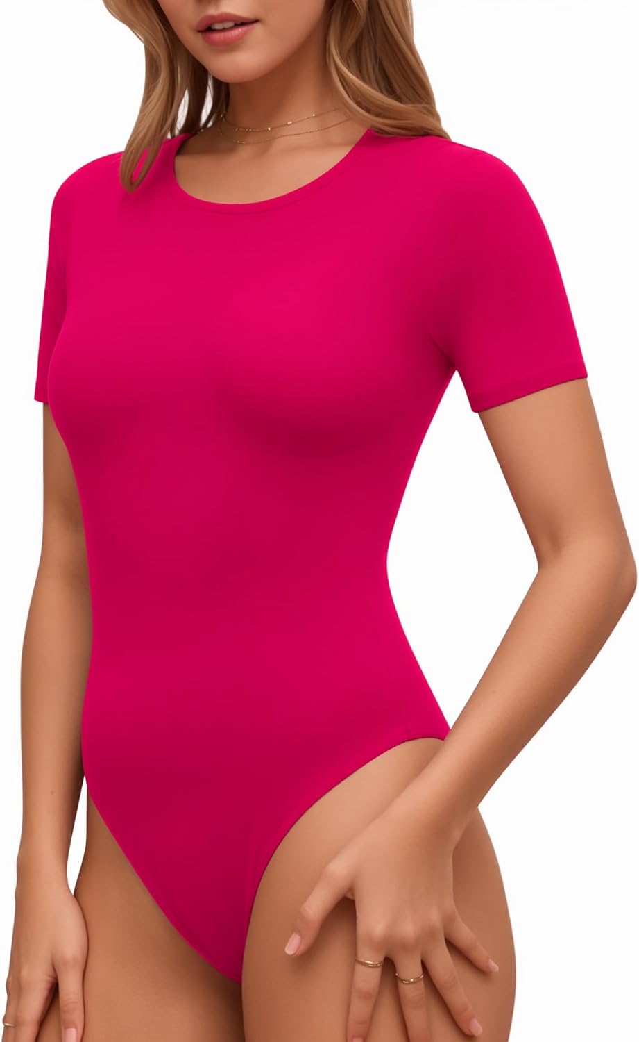 Lotofun Short Sleeve Round Neck Bodysuits For Women Basic Slim Fit Body Suit Shirts Tops