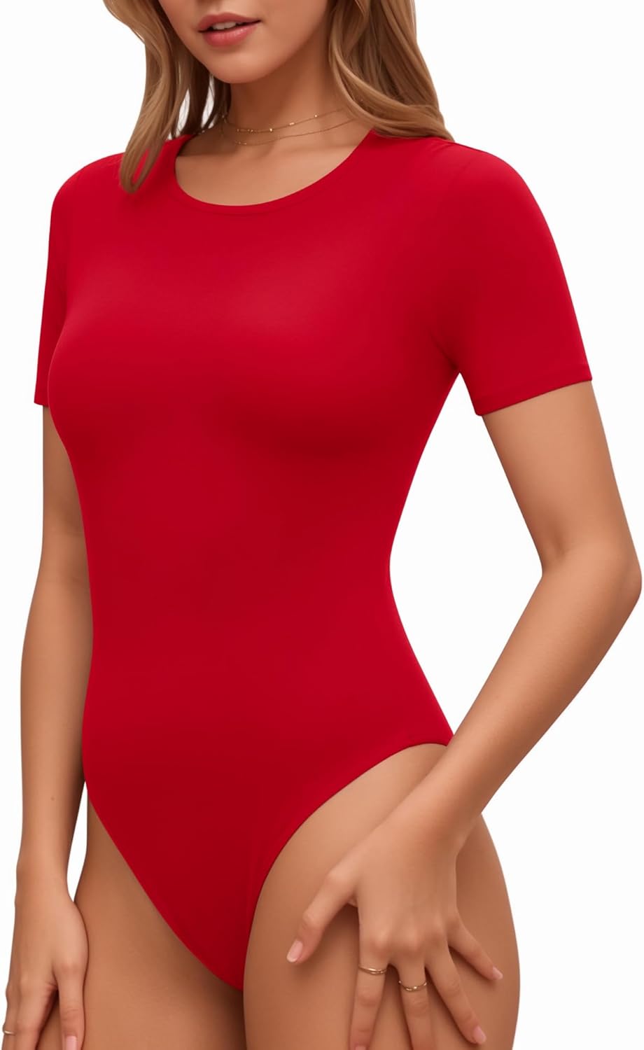 Lotofun Short Sleeve Round Neck Bodysuits For Women Basic Slim Fit Body Suit Shirts Tops