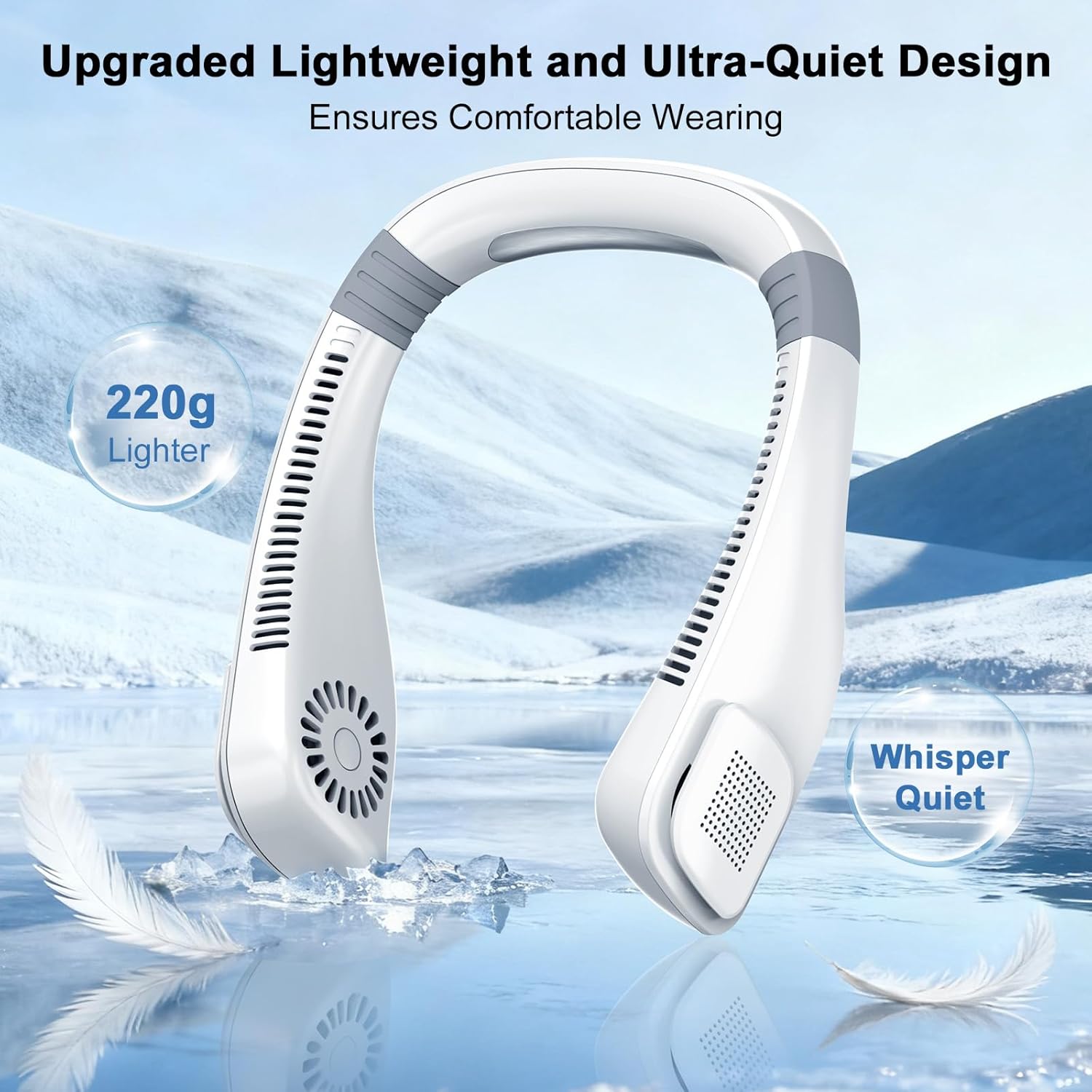 Quiet Portable Neck Fan Cooling - KANHIRO Wearable Ergonomic Bladeless Fan, Rechargeable USB Fan with 3 Speeds & Long Battery Life, Personal Fan for Travel, Camping, Work, Gifts for Women Men (White)
