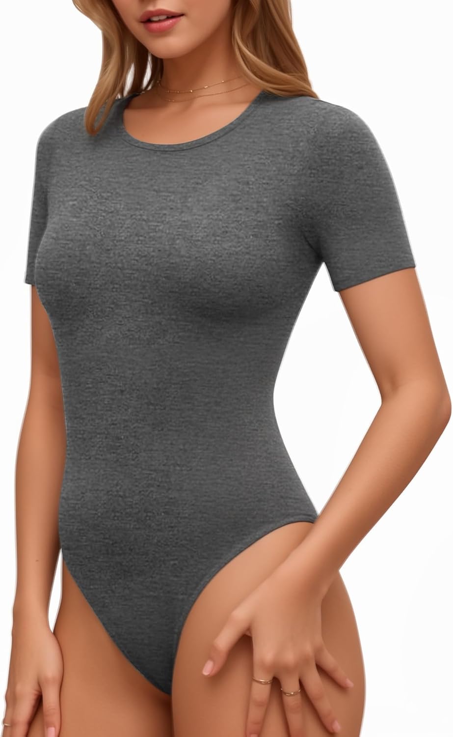 Lotofun Short Sleeve Round Neck Bodysuits For Women Basic Slim Fit Body Suit Shirts Tops