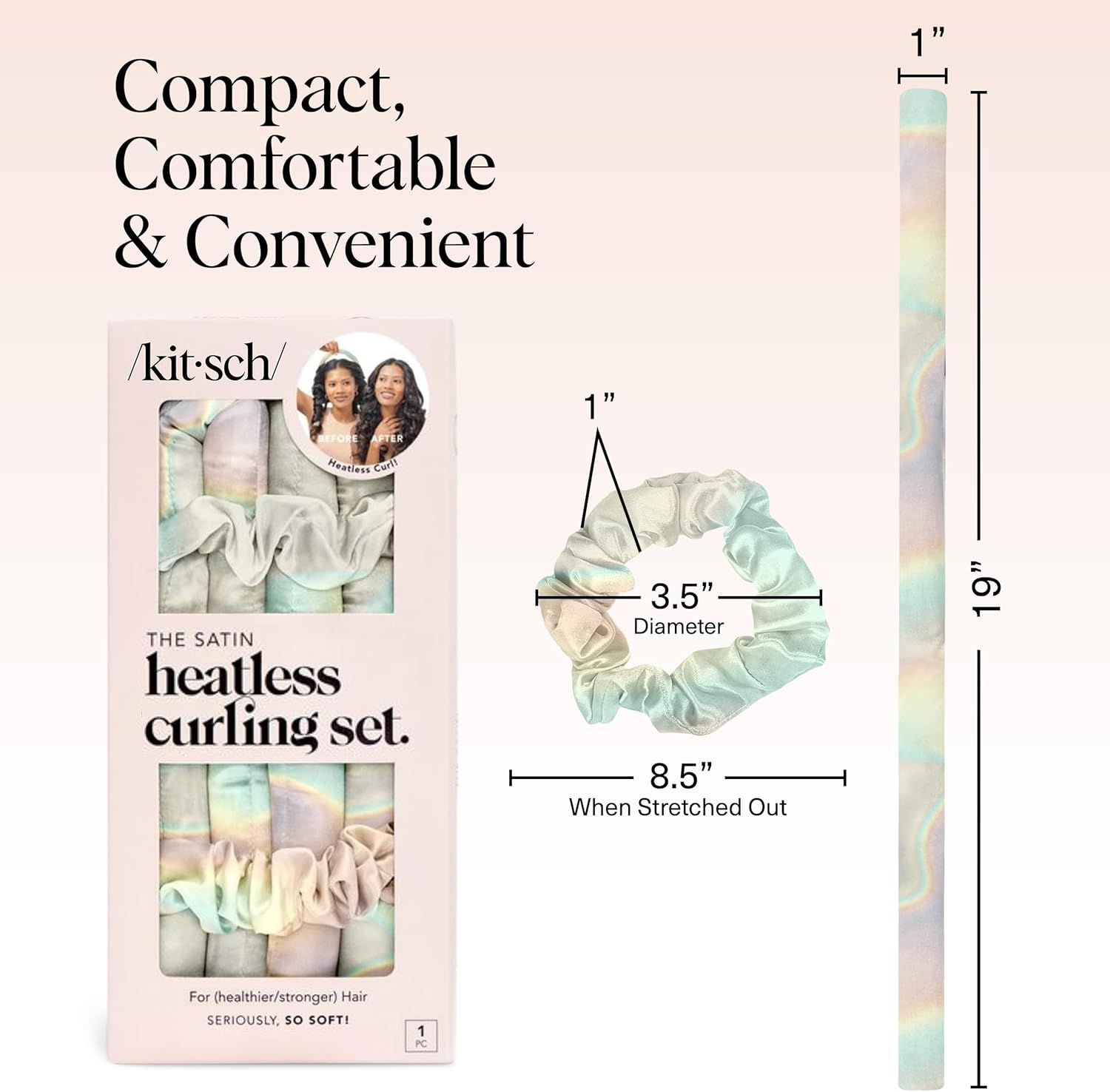Kitsch Satin Heatless Curling Set - Hair Rollers for Effortless Heatless Curls | Sleep-In Hair Curlers | Includes Hot Rollers & Curling Rod Headband, Achieve Stunning Heatless Hairstyles, SunsetTieDye