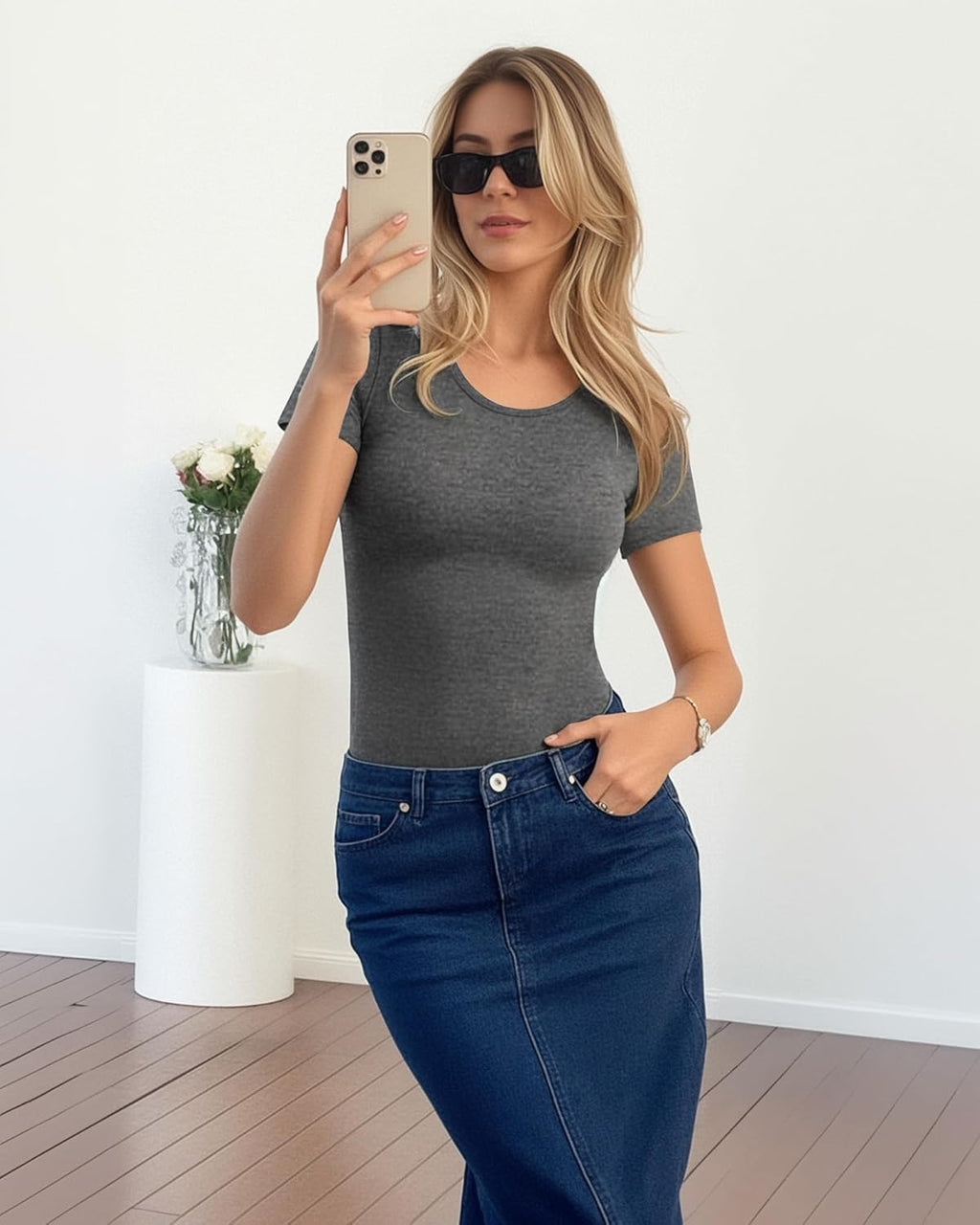 Lotofun Short Sleeve Round Neck Bodysuits For Women Basic Slim Fit Body Suit Shirts Tops