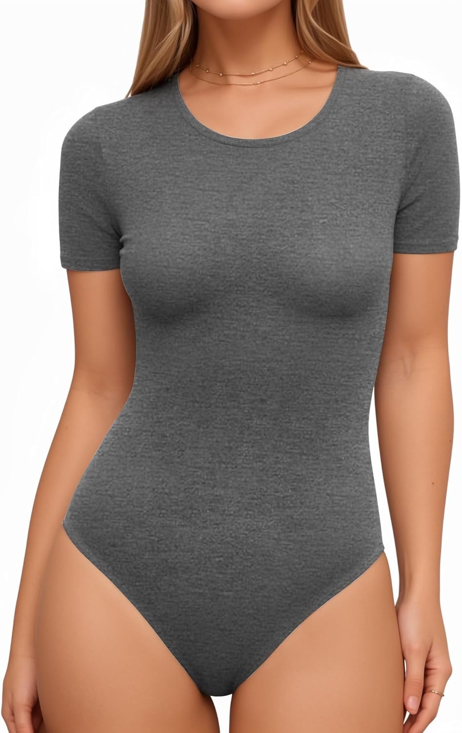 Lotofun Short Sleeve Round Neck Bodysuits For Women Basic Slim Fit Body Suit Shirts Tops