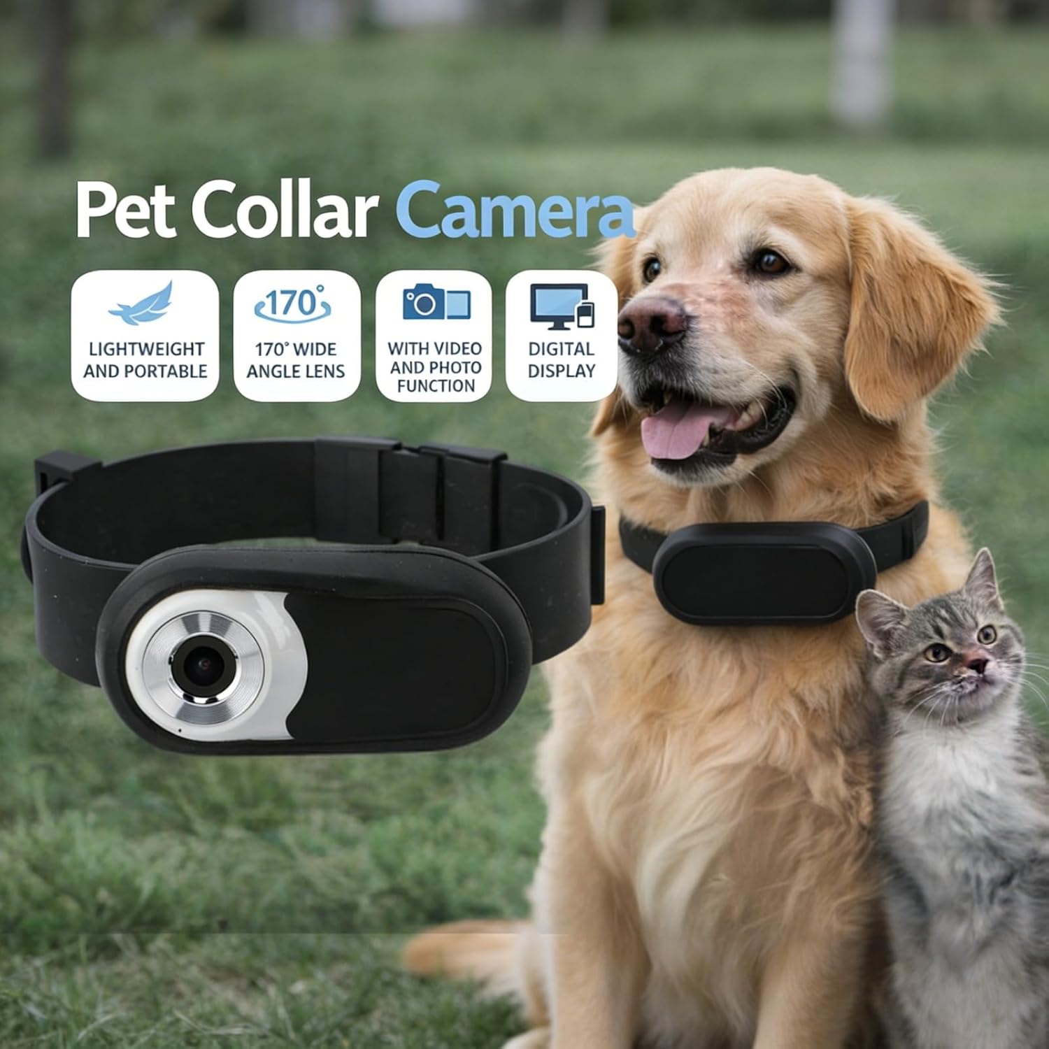 Cat Camera Collar,Digital Display Cat Camera Collar HD 1080P Wireless Pet Camera,170° Wide Angle Lens Small Action Cameras,for Dogs Cats