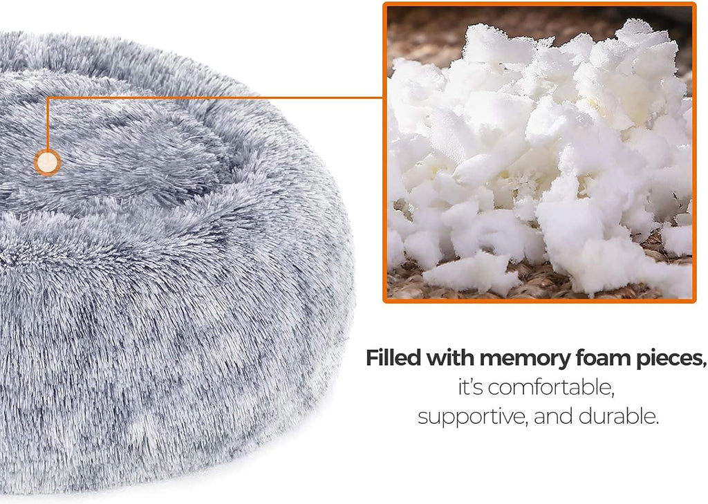 Feandrea Dog Bed, Donut Cat Bed, Fluffy Calming Pet Bed with Removable Inner Cushion, Washable, Soft Long Plush, for Dog, Cat, 80 cm Dia., Gray PGW040G01