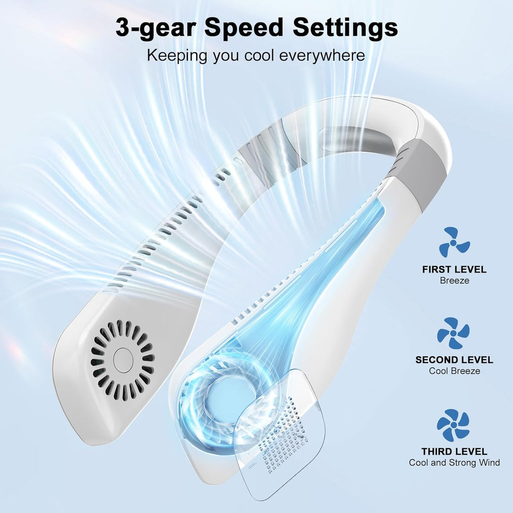 Quiet Portable Neck Fan Cooling - KANHIRO Wearable Ergonomic Bladeless Fan, Rechargeable USB Fan with 3 Speeds & Long Battery Life, Personal Fan for Travel, Camping, Work, Gifts for Women Men (White)