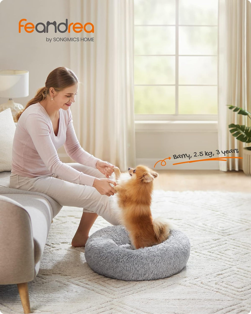 Feandrea Dog Bed, Donut Cat Bed, Fluffy Calming Pet Bed with Removable Inner Cushion, Washable, Soft Long Plush, for Dog, Cat, 80 cm Dia., Gray PGW040G01