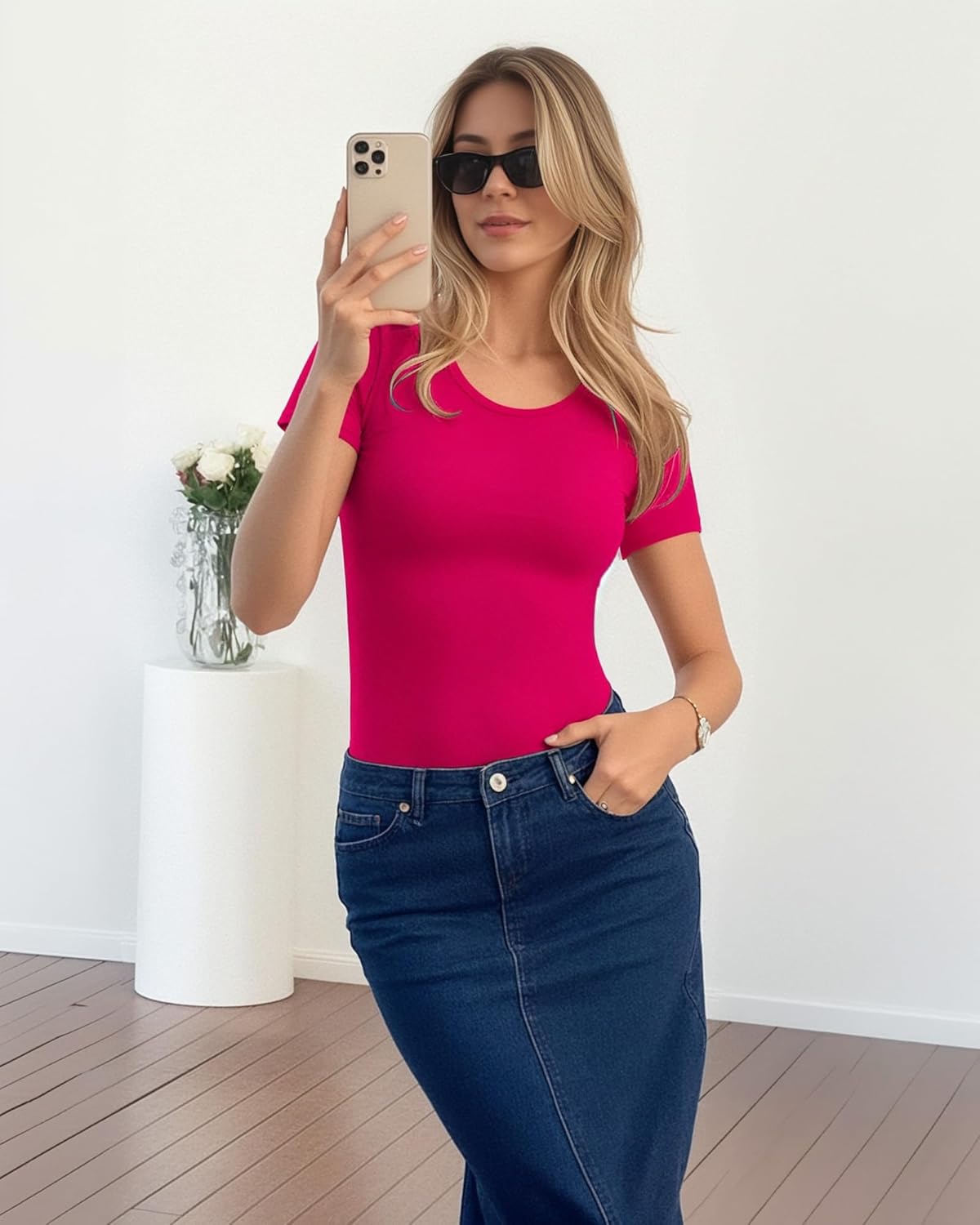 Lotofun Short Sleeve Round Neck Bodysuits For Women Basic Slim Fit Body Suit Shirts Tops