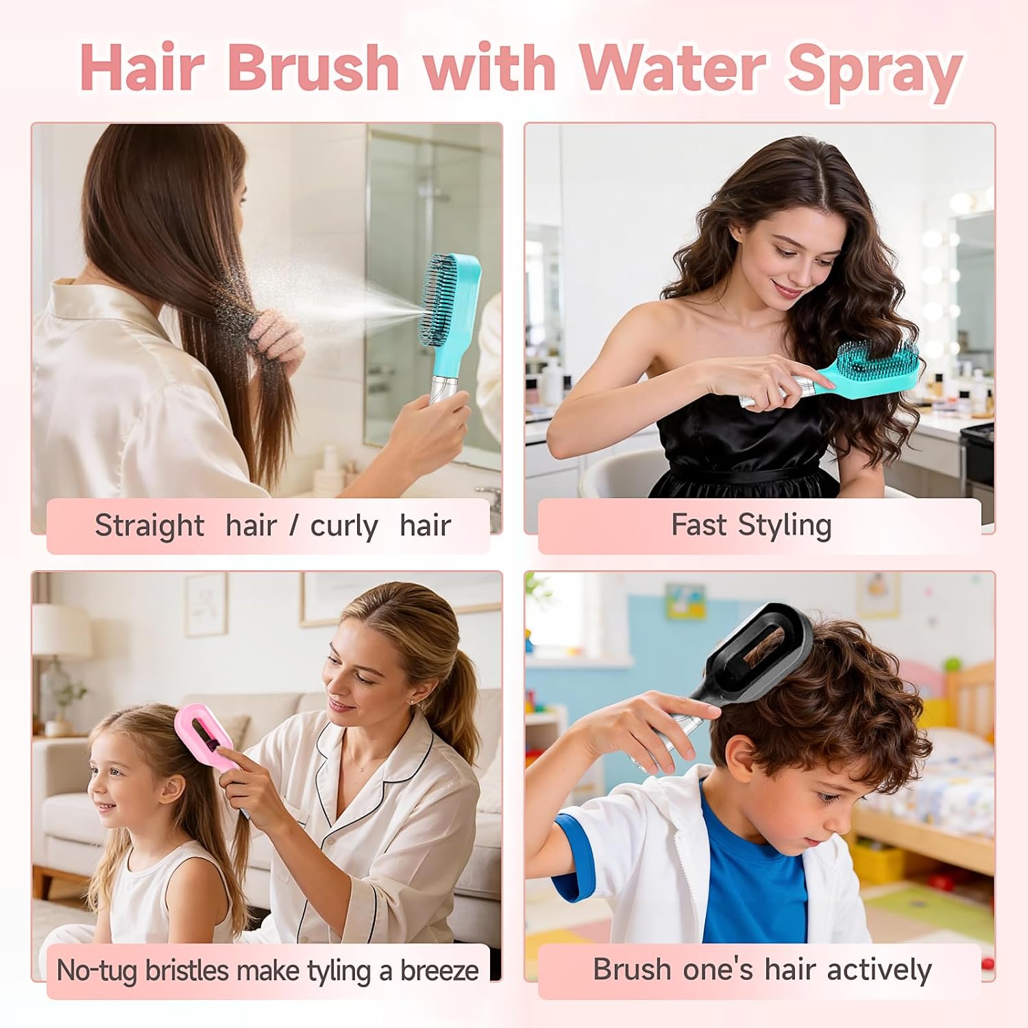 Hairbrush Mister - Hair Mist Sprayer Brush, 2 in 1 Portable Hair Brush with Water Spray for Detangling and Styling(2pCS)