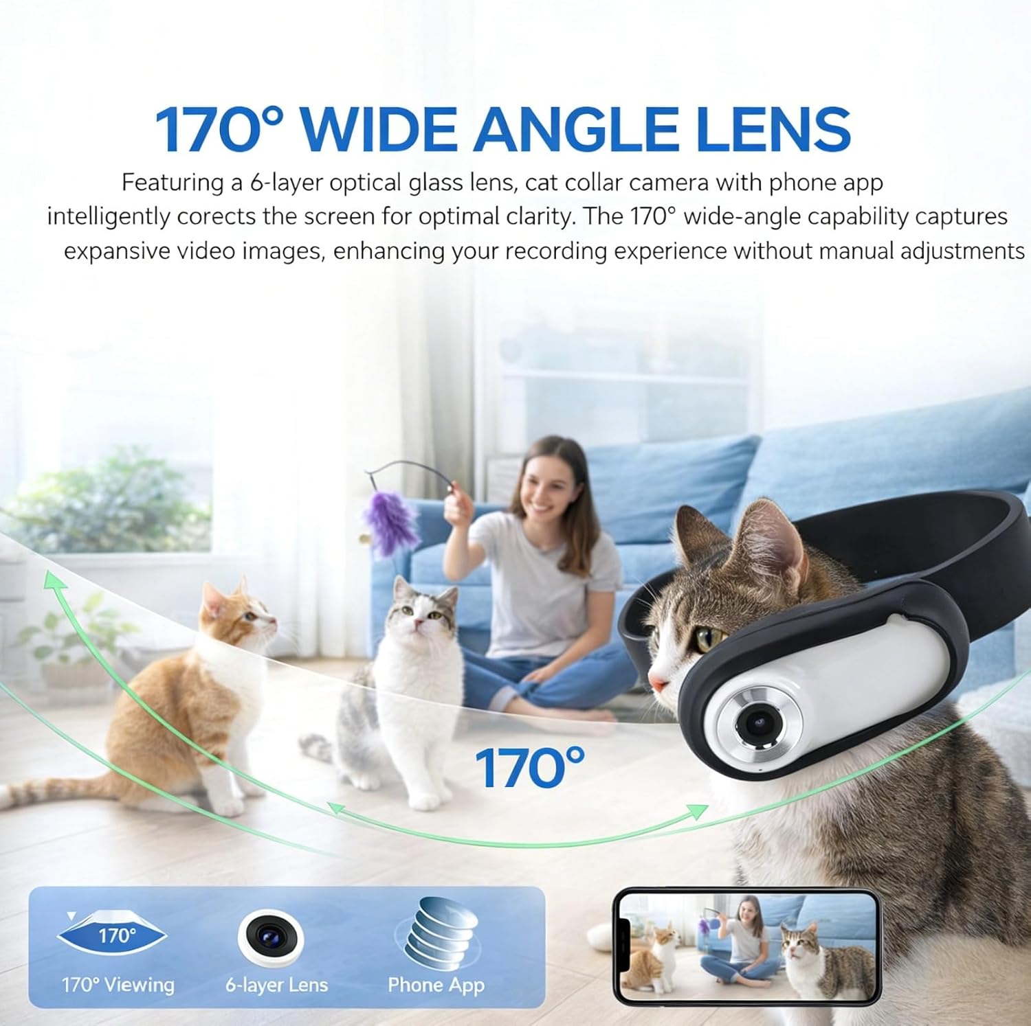 Cat Camera Collar,Digital Display Cat Camera Collar HD 1080P Wireless Pet Camera,170° Wide Angle Lens Small Action Cameras,for Dogs Cats