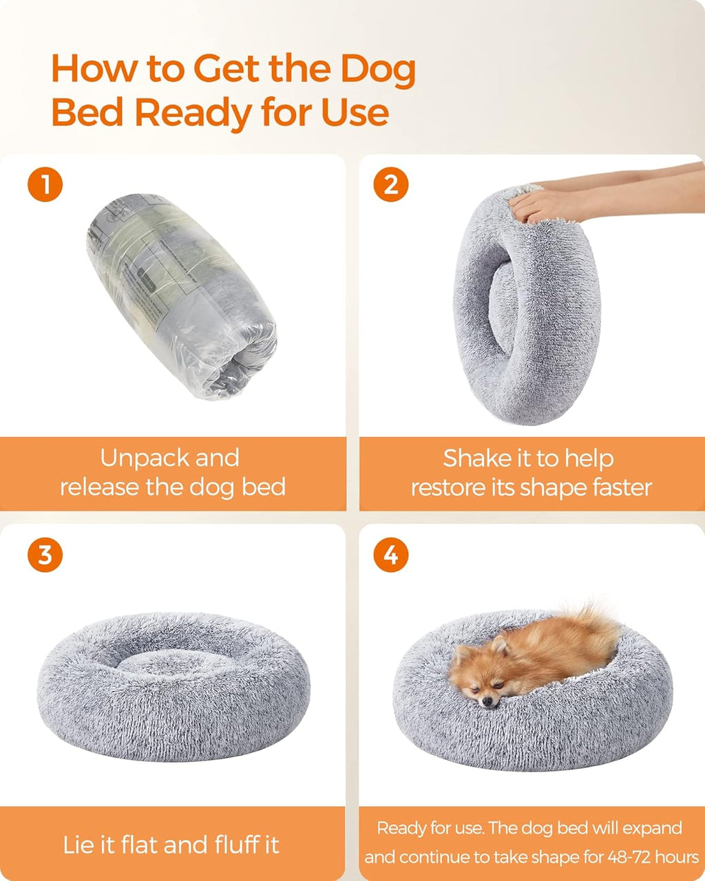 Feandrea Dog Bed, Donut Cat Bed, Fluffy Calming Pet Bed with Removable Inner Cushion, Washable, Soft Long Plush, for Dog, Cat, 80 cm Dia., Gray PGW040G01