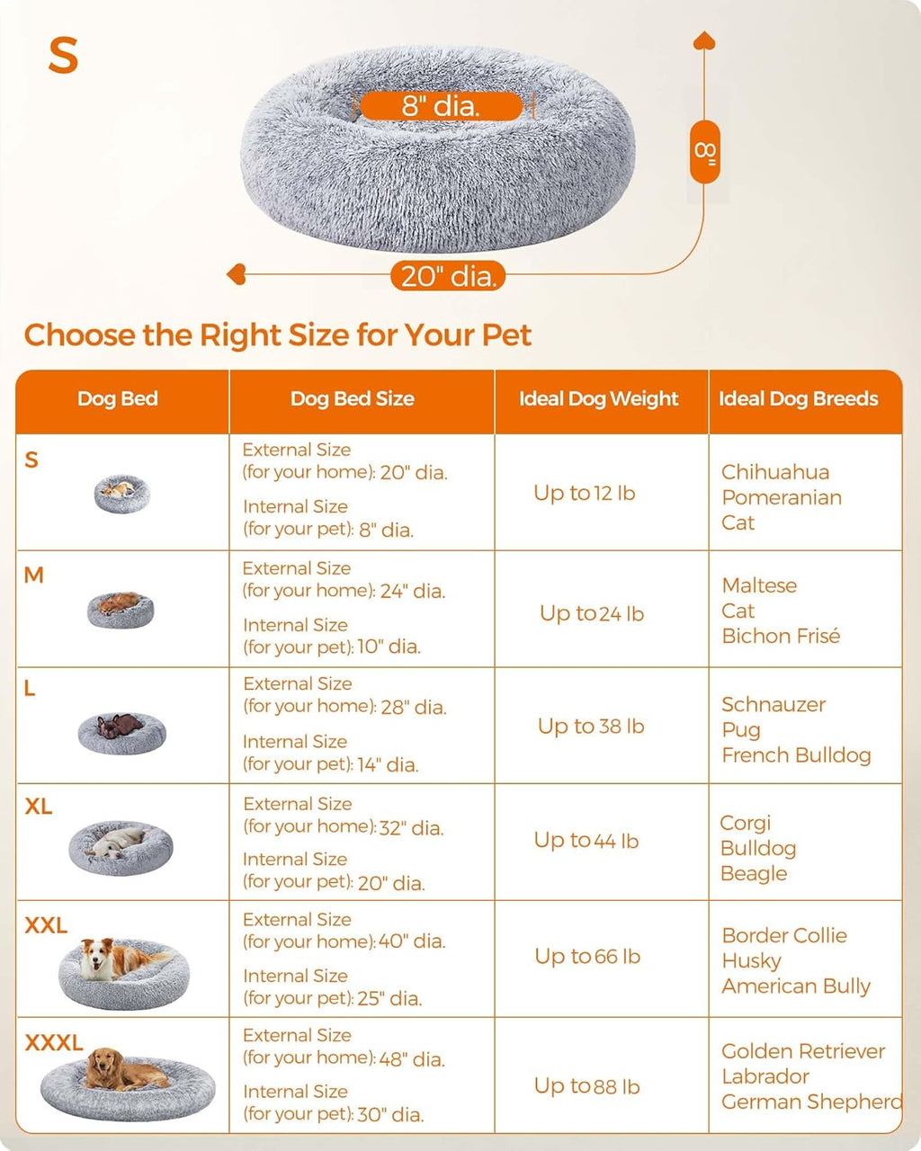 Feandrea Dog Bed, Donut Cat Bed, Fluffy Calming Pet Bed with Removable Inner Cushion, Washable, Soft Long Plush, for Dog, Cat, 80 cm Dia., Gray PGW040G01