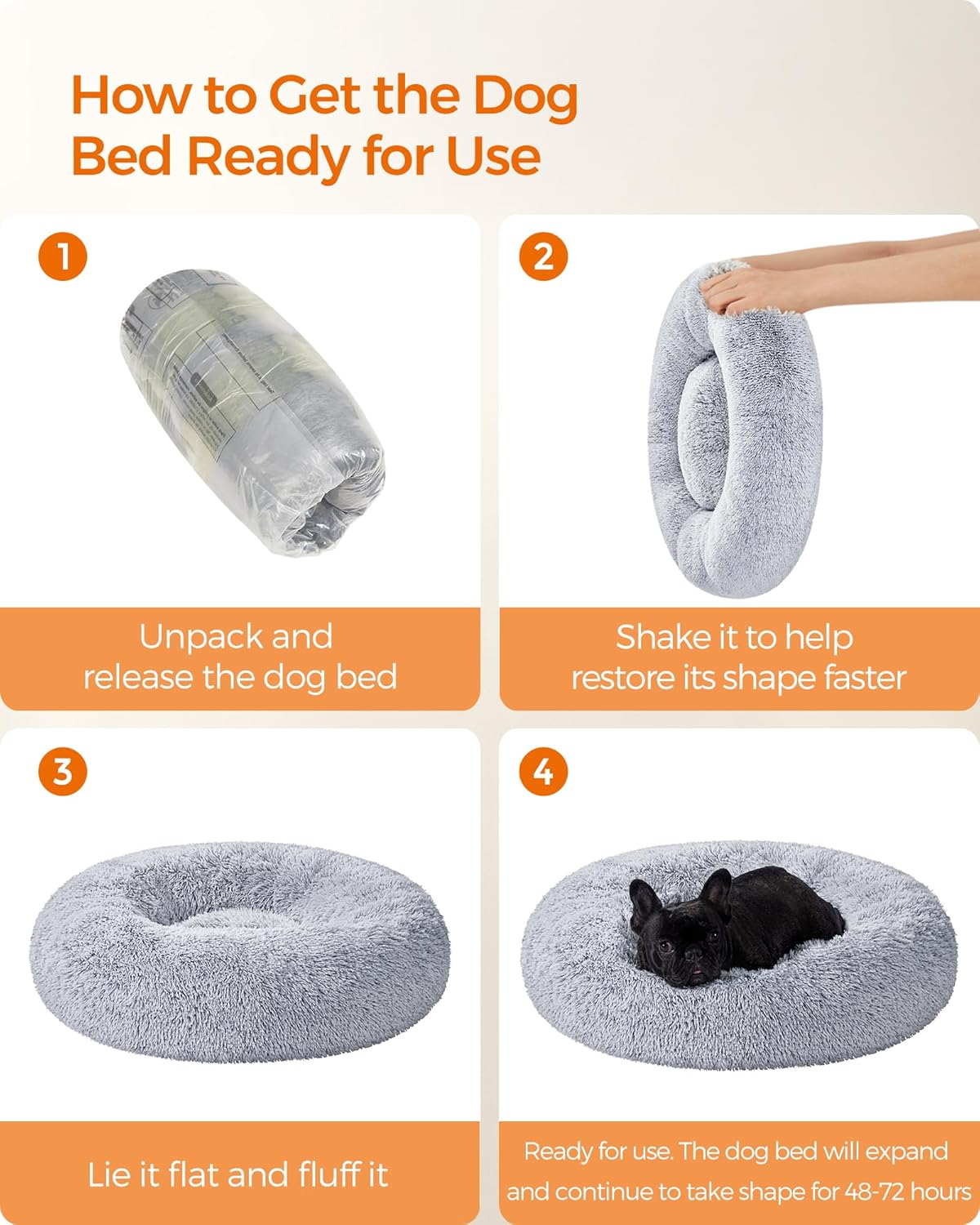Feandrea Dog Bed, Donut Cat Bed, Fluffy Calming Pet Bed with Removable Inner Cushion, Washable, Soft Long Plush, for Dog, Cat, 80 cm Dia., Gray PGW040G01
