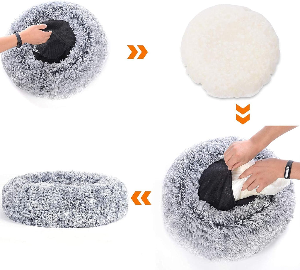 Feandrea Dog Bed, Donut Cat Bed, Fluffy Calming Pet Bed with Removable Inner Cushion, Washable, Soft Long Plush, for Dog, Cat, 80 cm Dia., Gray PGW040G01