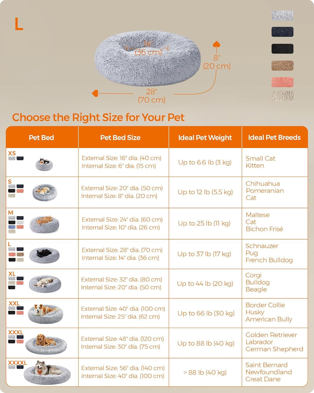 Feandrea Dog Bed, Donut Cat Bed, Fluffy Calming Pet Bed with Removable Inner Cushion, Washable, Soft Long Plush, for Dog, Cat, 80 cm Dia., Gray PGW040G01