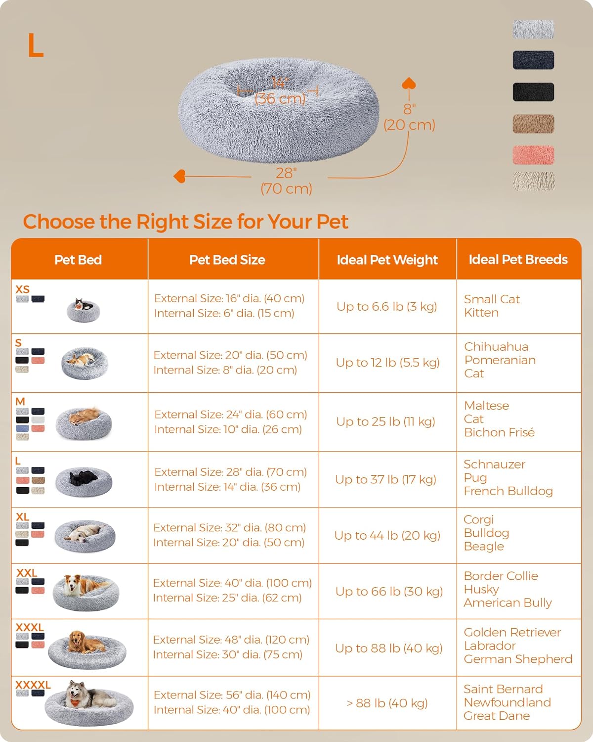 Feandrea Dog Bed, Donut Cat Bed, Fluffy Calming Pet Bed with Removable Inner Cushion, Washable, Soft Long Plush, for Dog, Cat, 80 cm Dia., Gray PGW040G01