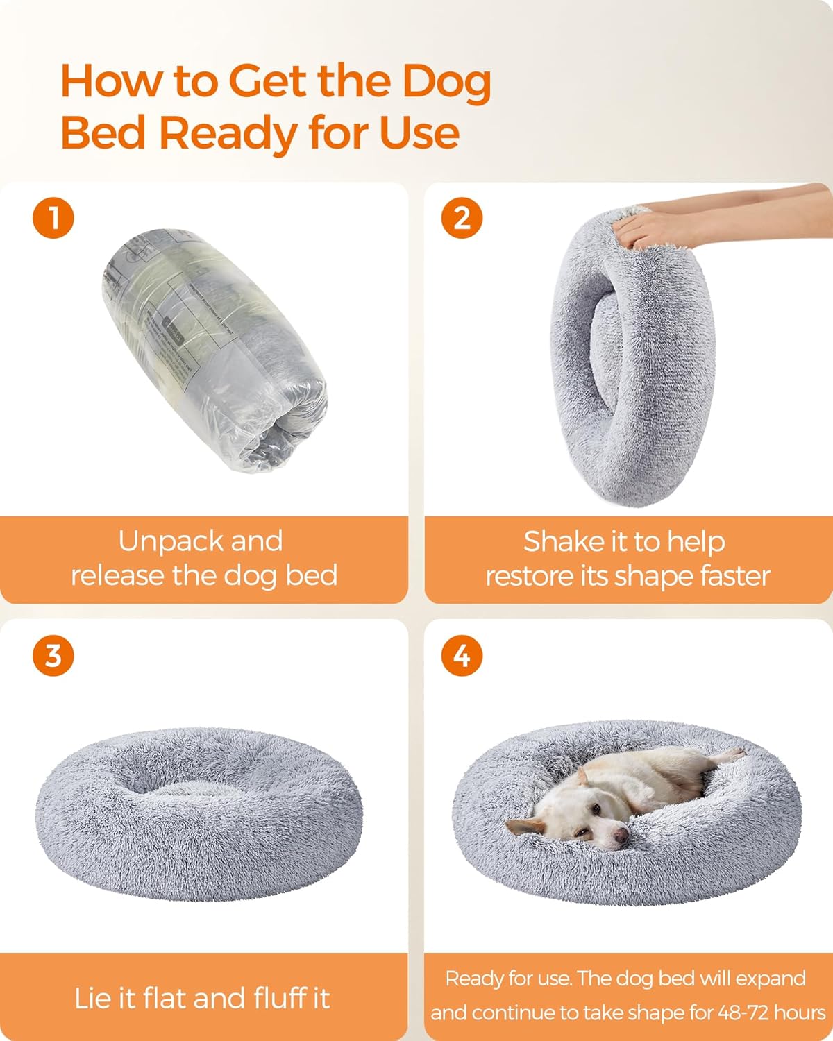 Feandrea Dog Bed, Donut Cat Bed, Fluffy Calming Pet Bed with Removable Inner Cushion, Washable, Soft Long Plush, for Dog, Cat, 80 cm Dia., Gray PGW040G01