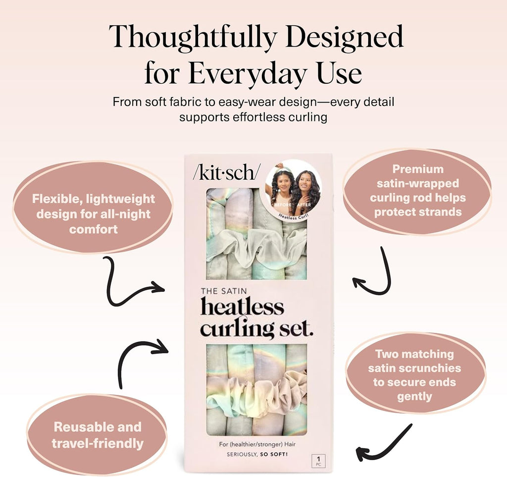 Kitsch Satin Heatless Curling Set - Hair Rollers for Effortless Heatless Curls | Sleep-In Hair Curlers | Includes Hot Rollers & Curling Rod Headband, Achieve Stunning Heatless Hairstyles, SunsetTieDye