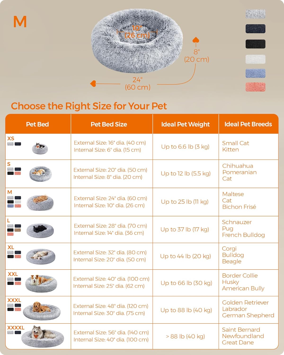 Feandrea Dog Bed, Donut Cat Bed, Fluffy Calming Pet Bed with Removable Inner Cushion, Washable, Soft Long Plush, for Dog, Cat, 80 cm Dia., Gray PGW040G01