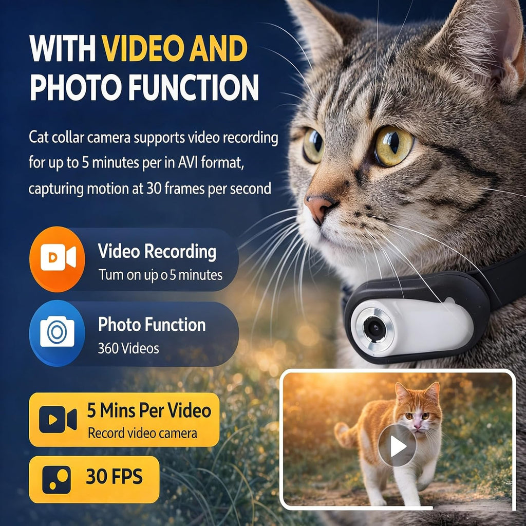 Cat Camera Collar,Digital Display Cat Camera Collar HD 1080P Wireless Pet Camera,170° Wide Angle Lens Small Action Cameras,for Dogs Cats