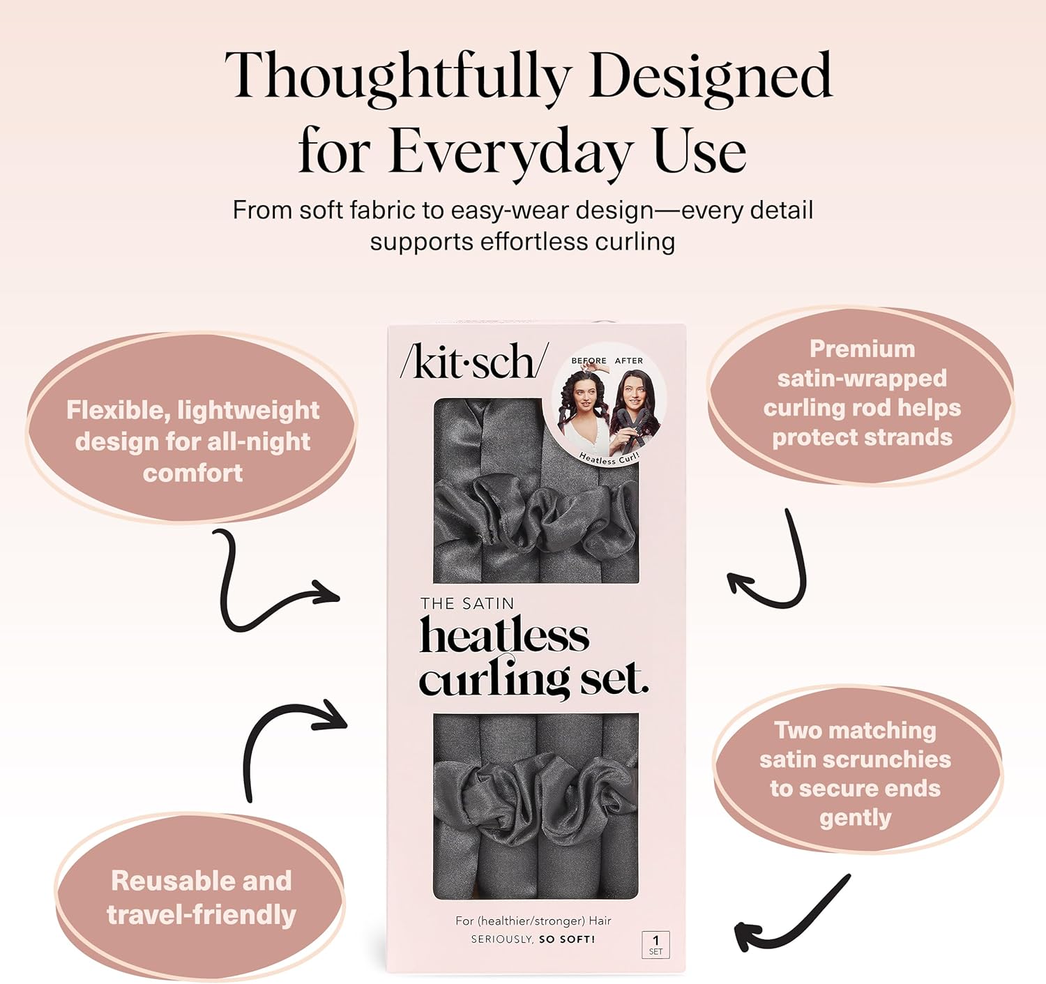Kitsch Satin Heatless Curling Set - Hair Rollers for Effortless Heatless Curls | Sleep-In Hair Curlers | Includes Hot Rollers & Curling Rod Headband, Achieve Stunning Heatless Hairstyles, SunsetTieDye
