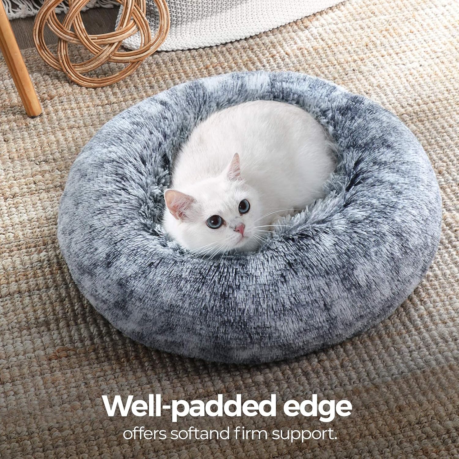 Feandrea Dog Bed, Donut Cat Bed, Fluffy Calming Pet Bed with Removable Inner Cushion, Washable, Soft Long Plush, for Dog, Cat, 80 cm Dia., Gray PGW040G01
