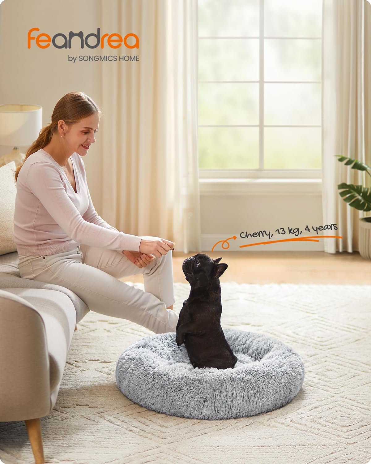 Feandrea Dog Bed, Donut Cat Bed, Fluffy Calming Pet Bed with Removable Inner Cushion, Washable, Soft Long Plush, for Dog, Cat, 80 cm Dia., Gray PGW040G01