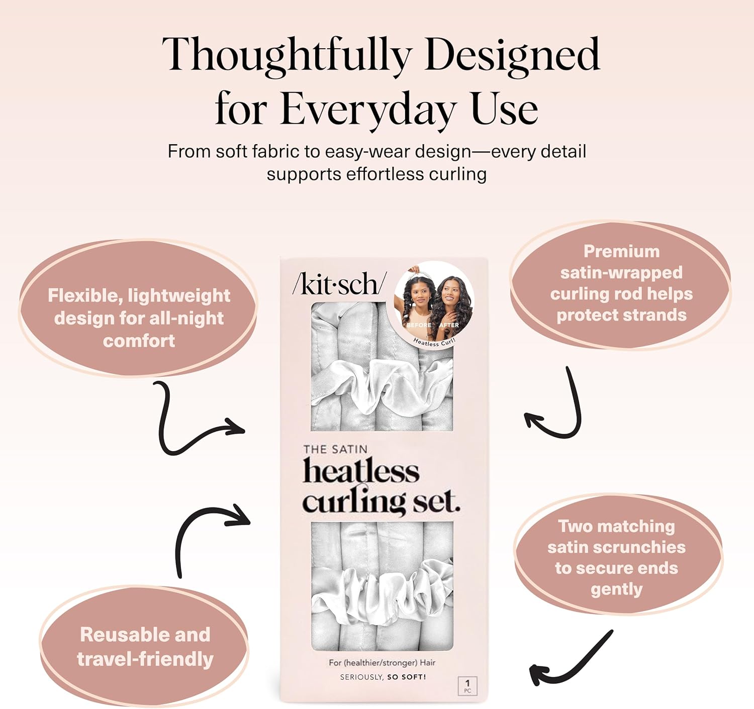 Kitsch Satin Heatless Curling Set - Hair Rollers for Effortless Heatless Curls | Sleep-In Hair Curlers | Includes Hot Rollers & Curling Rod Headband, Achieve Stunning Heatless Hairstyles, SunsetTieDye