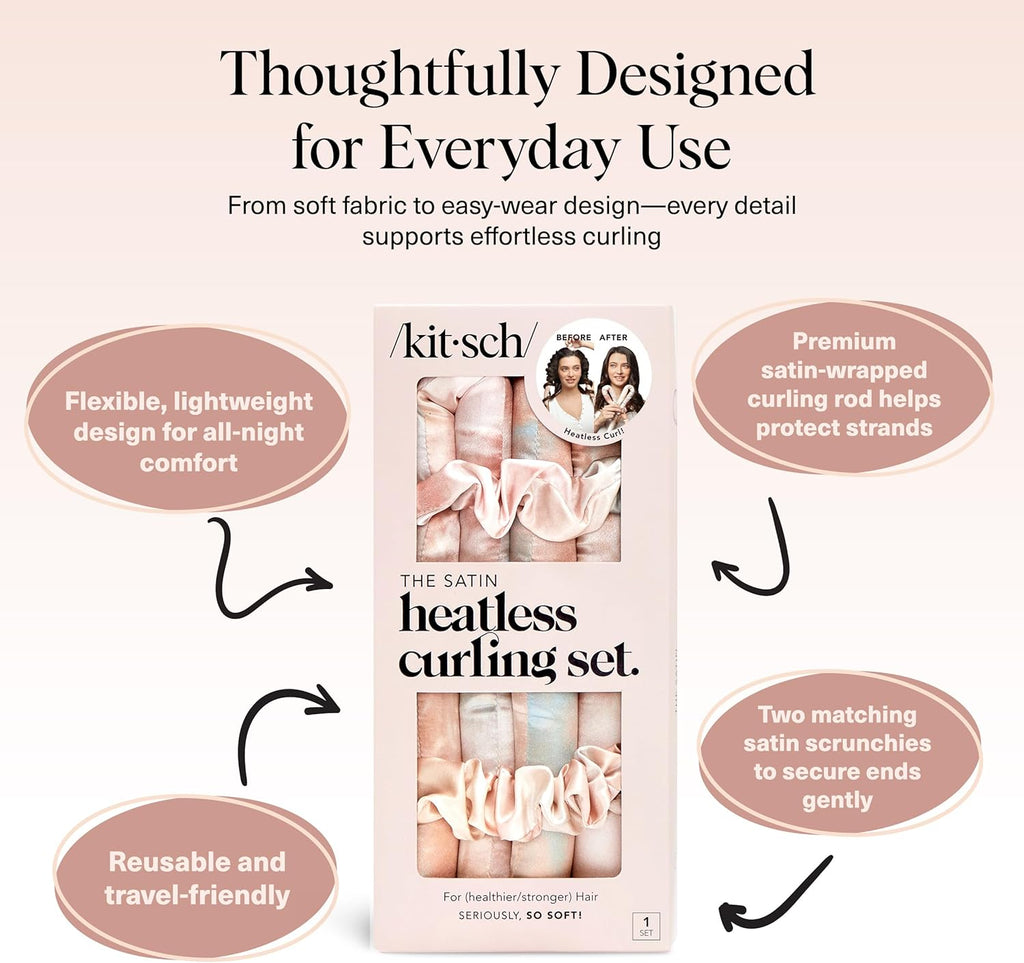 Kitsch Satin Heatless Curling Set - Hair Rollers for Effortless Heatless Curls | Sleep-In Hair Curlers | Includes Hot Rollers & Curling Rod Headband, Achieve Stunning Heatless Hairstyles, SunsetTieDye