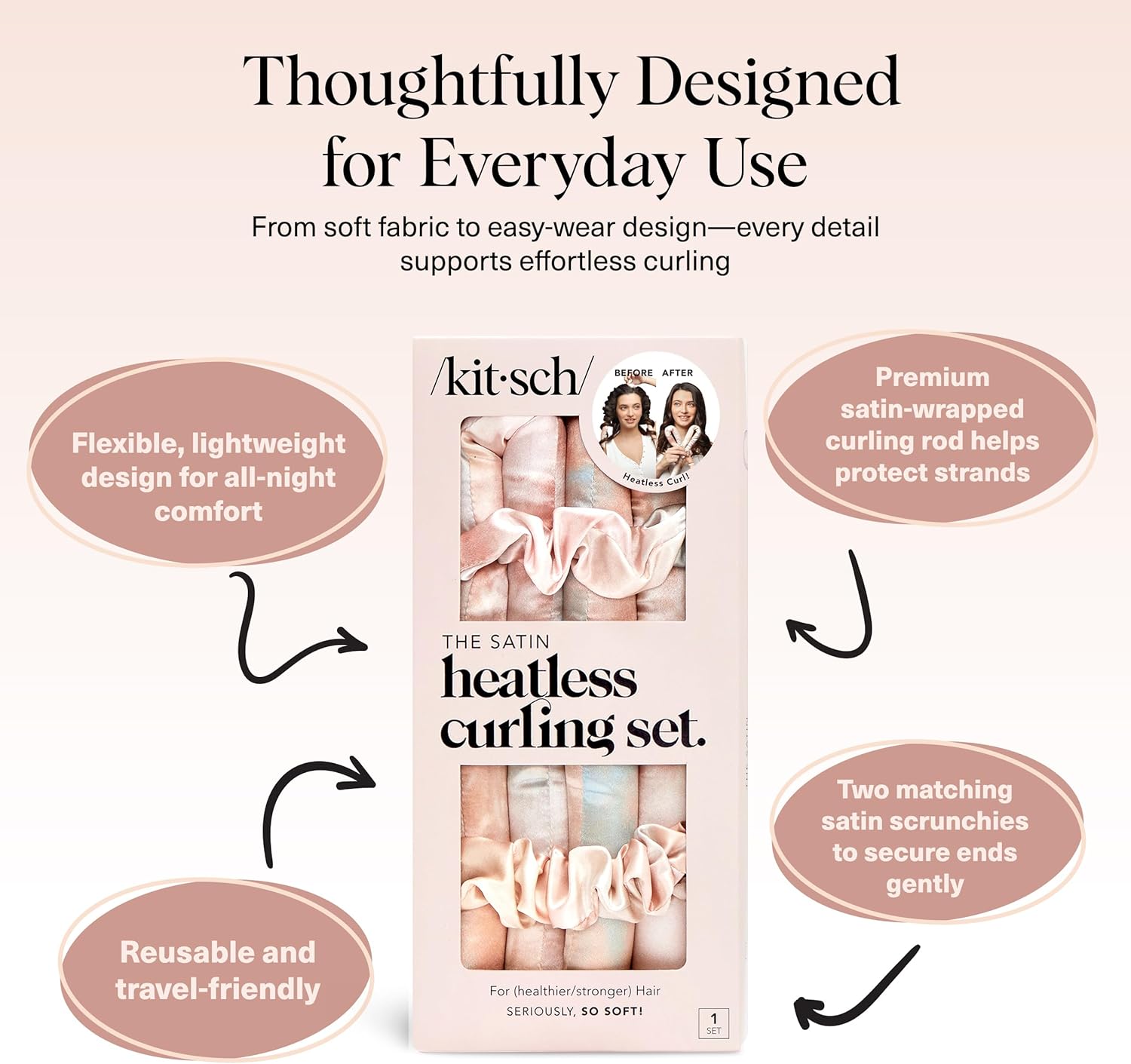 Kitsch Satin Heatless Curling Set - Hair Rollers for Effortless Heatless Curls | Sleep-In Hair Curlers | Includes Hot Rollers & Curling Rod Headband, Achieve Stunning Heatless Hairstyles, SunsetTieDye