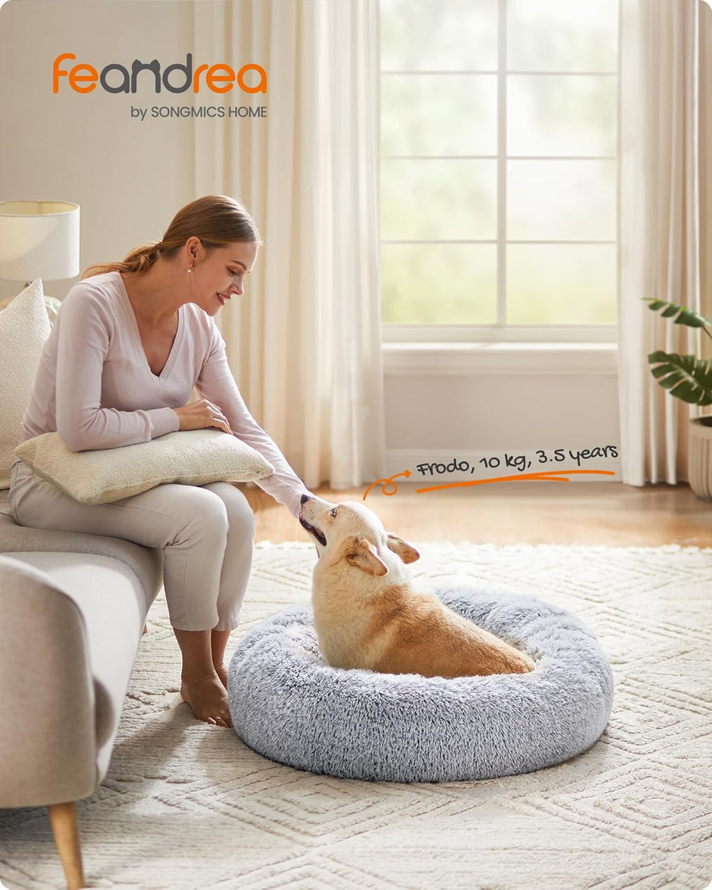 Feandrea Dog Bed, Donut Cat Bed, Fluffy Calming Pet Bed with Removable Inner Cushion, Washable, Soft Long Plush, for Dog, Cat, 80 cm Dia., Gray PGW040G01