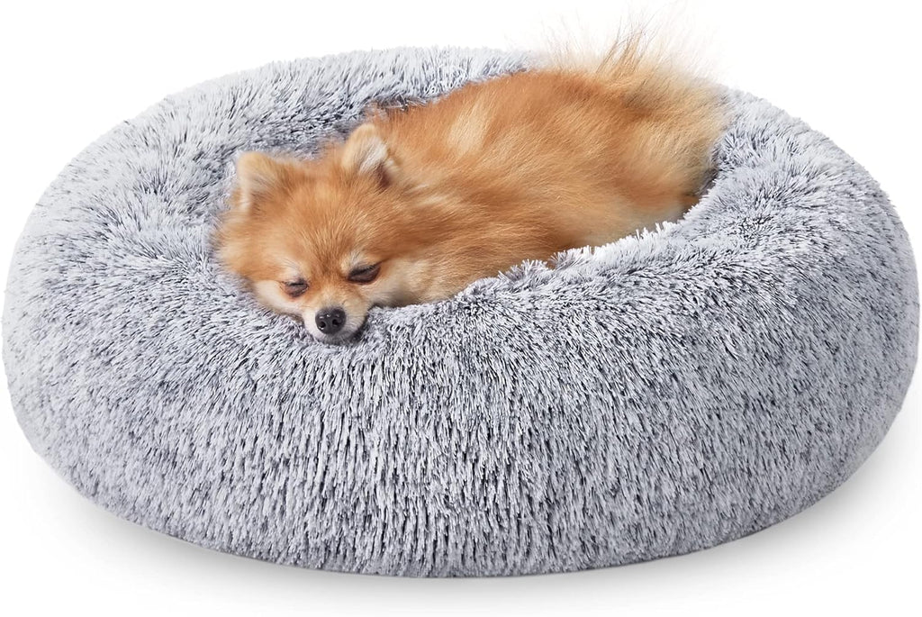 Feandrea Dog Bed, Donut Cat Bed, Fluffy Calming Pet Bed with Removable Inner Cushion, Washable, Soft Long Plush, for Dog, Cat, 80 cm Dia., Gray PGW040G01