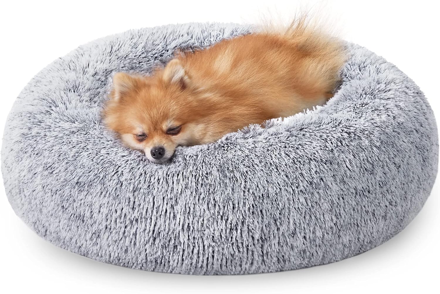 Feandrea Dog Bed, Donut Cat Bed, Fluffy Calming Pet Bed with Removable Inner Cushion, Washable, Soft Long Plush, for Dog, Cat, 80 cm Dia., Gray PGW040G01