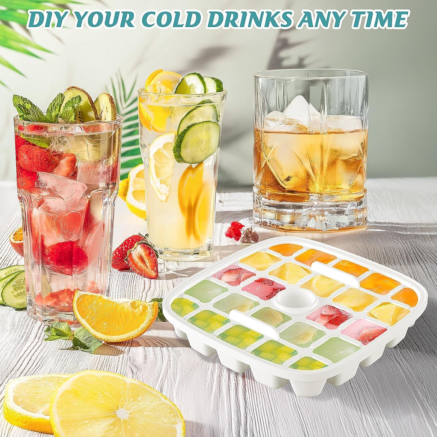 Ice Cube Tray with Lid for Freezer 48 Nuggets,One-Click Press Silicone Ice Cube Tray with Ice Shovel for Freezer BPA Free,Stackable Ice Tray with Storage Ice Bucket Kits