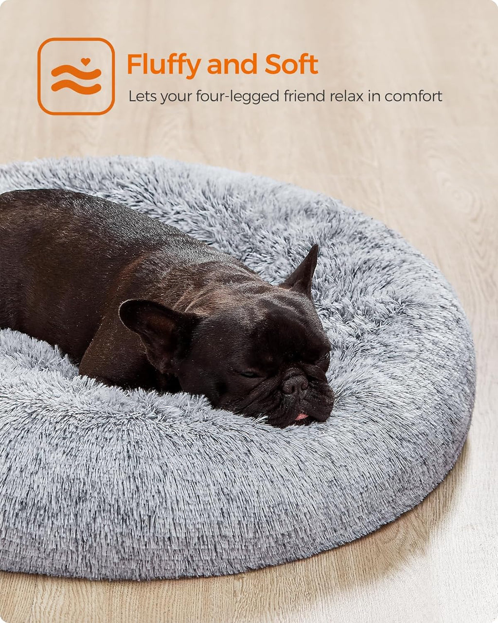 Feandrea Dog Bed, Donut Cat Bed, Fluffy Calming Pet Bed with Removable Inner Cushion, Washable, Soft Long Plush, for Dog, Cat, 80 cm Dia., Gray PGW040G01
