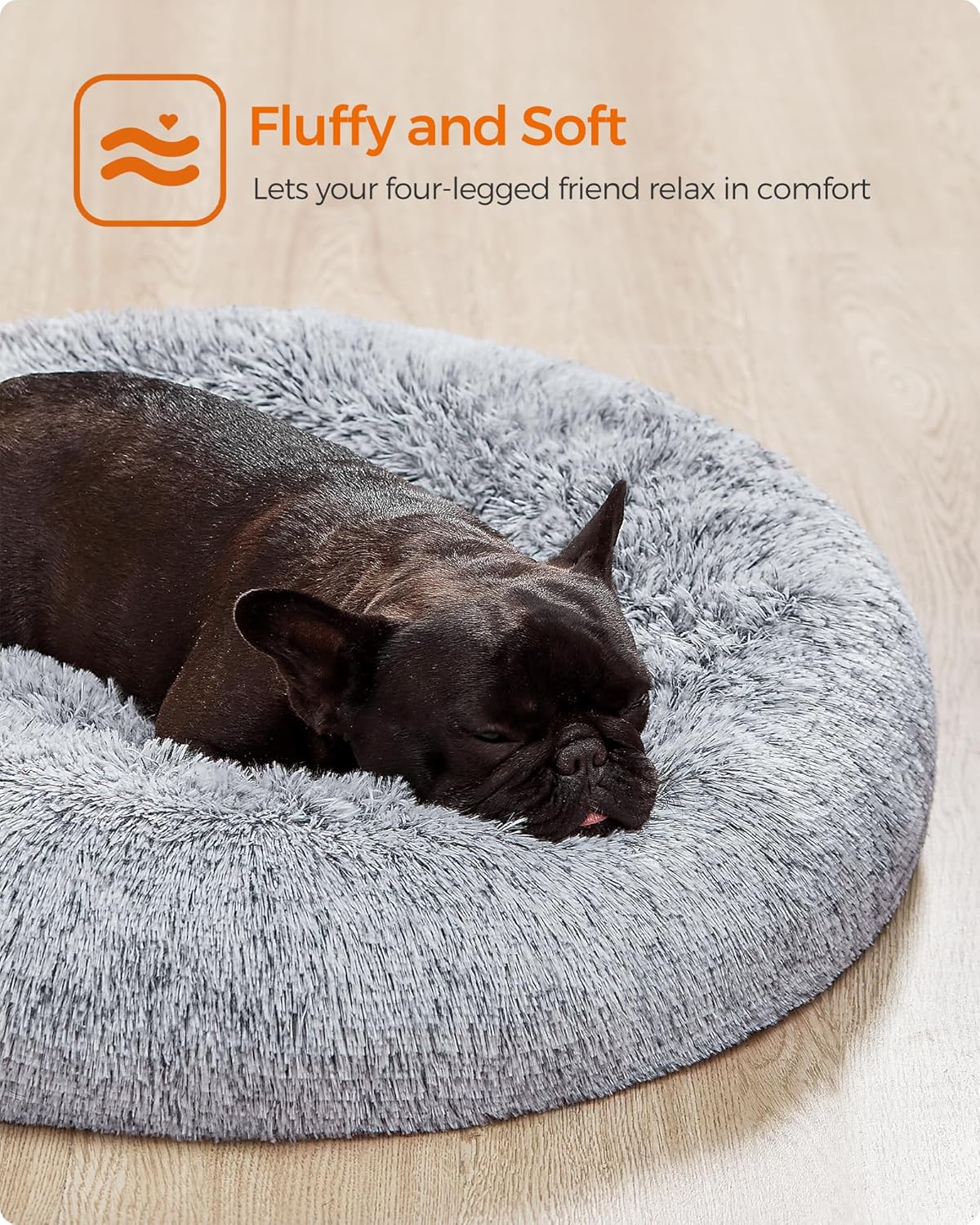 Feandrea Dog Bed, Donut Cat Bed, Fluffy Calming Pet Bed with Removable Inner Cushion, Washable, Soft Long Plush, for Dog, Cat, 80 cm Dia., Gray PGW040G01