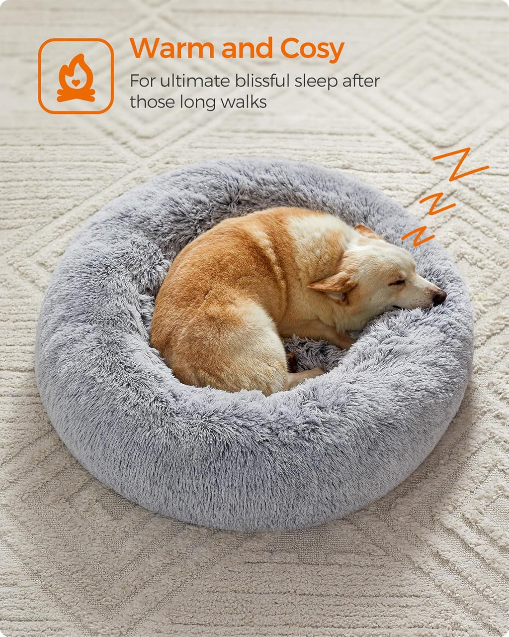 Feandrea Dog Bed, Donut Cat Bed, Fluffy Calming Pet Bed with Removable Inner Cushion, Washable, Soft Long Plush, for Dog, Cat, 80 cm Dia., Gray PGW040G01