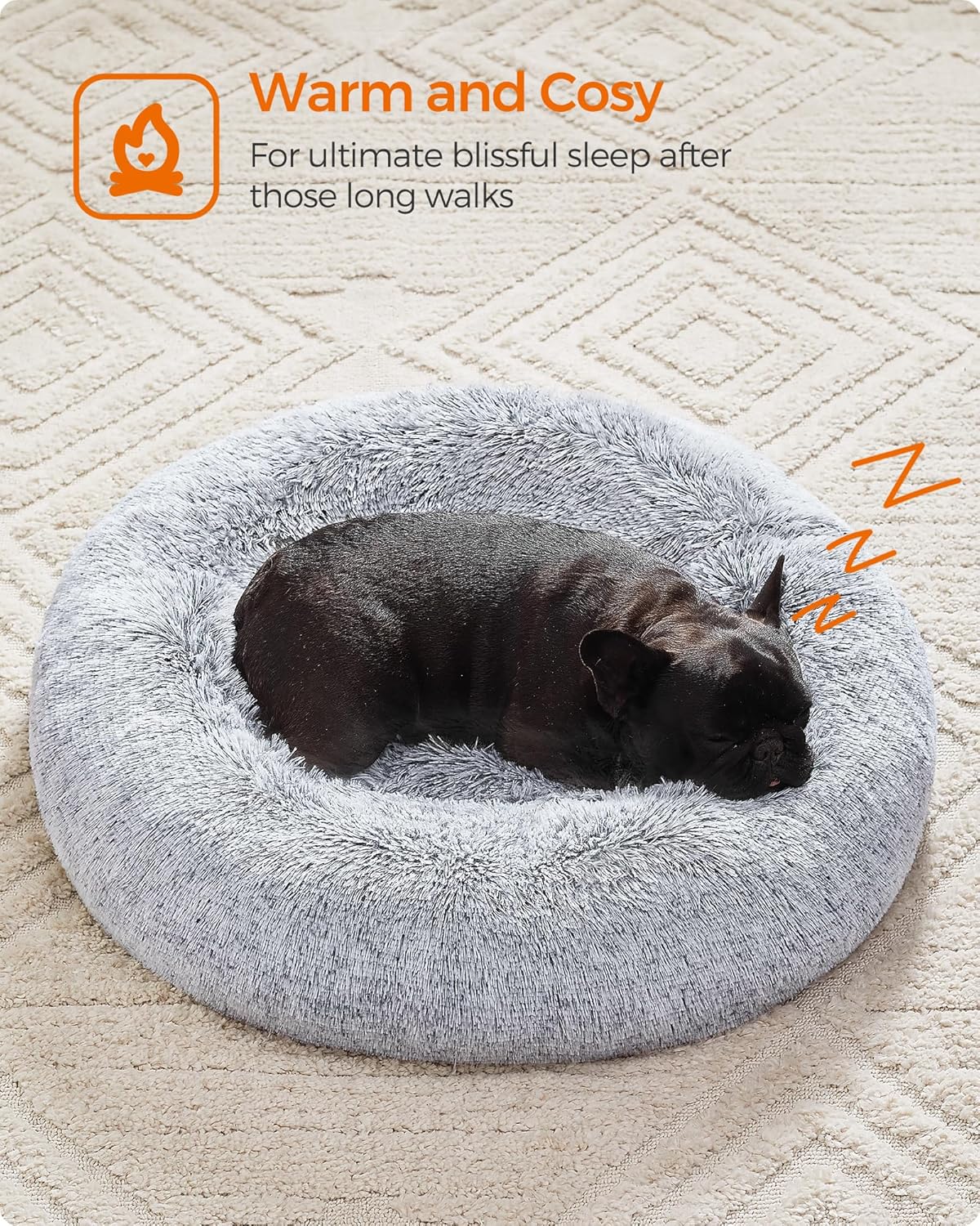 Feandrea Dog Bed, Donut Cat Bed, Fluffy Calming Pet Bed with Removable Inner Cushion, Washable, Soft Long Plush, for Dog, Cat, 80 cm Dia., Gray PGW040G01