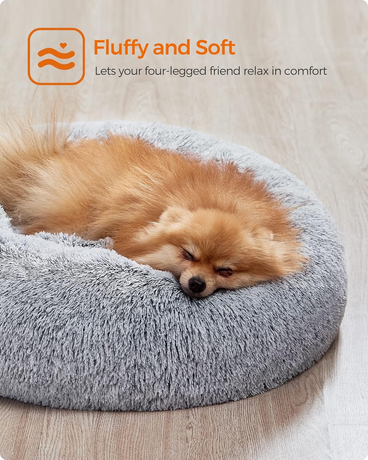 Feandrea Dog Bed, Donut Cat Bed, Fluffy Calming Pet Bed with Removable Inner Cushion, Washable, Soft Long Plush, for Dog, Cat, 80 cm Dia., Gray PGW040G01