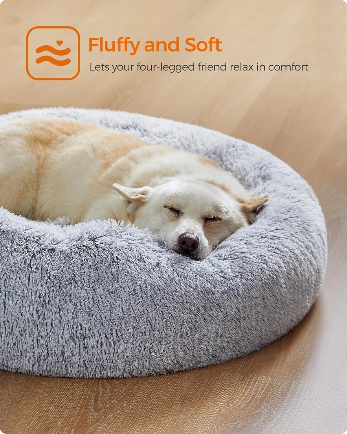 Feandrea Dog Bed, Donut Cat Bed, Fluffy Calming Pet Bed with Removable Inner Cushion, Washable, Soft Long Plush, for Dog, Cat, 80 cm Dia., Gray PGW040G01