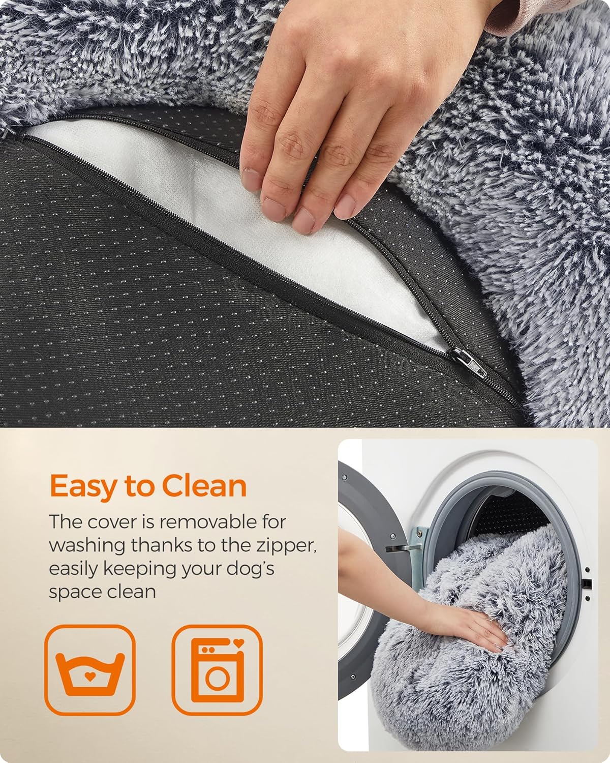 Feandrea Dog Bed, Donut Cat Bed, Fluffy Calming Pet Bed with Removable Inner Cushion, Washable, Soft Long Plush, for Dog, Cat, 80 cm Dia., Gray PGW040G01