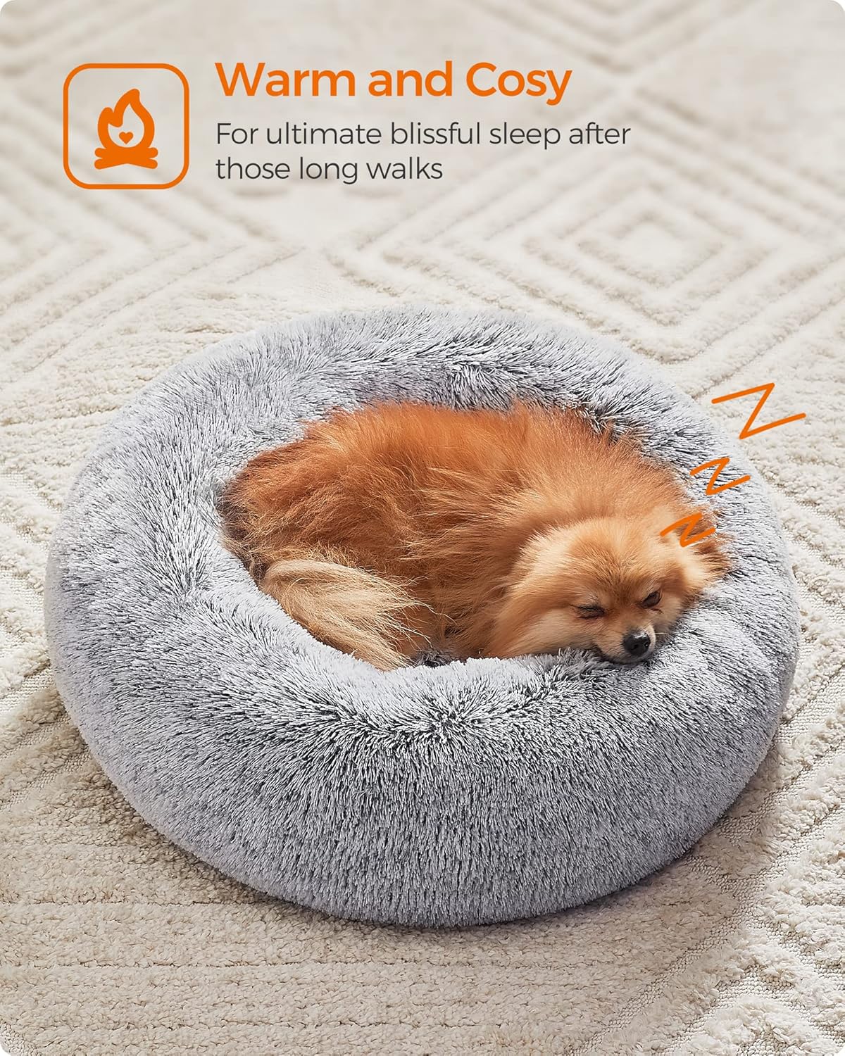 Feandrea Dog Bed, Donut Cat Bed, Fluffy Calming Pet Bed with Removable Inner Cushion, Washable, Soft Long Plush, for Dog, Cat, 80 cm Dia., Gray PGW040G01